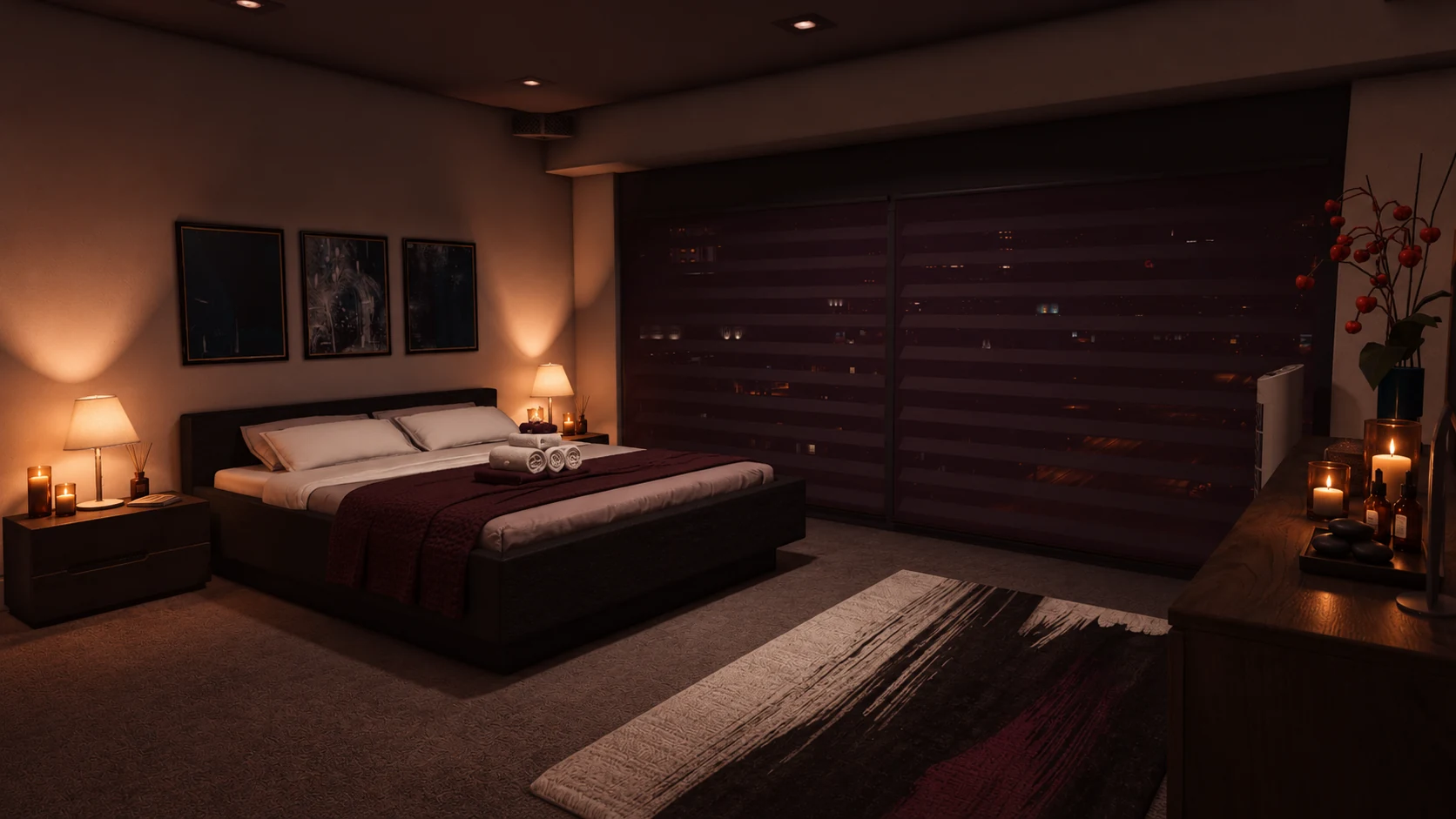 Eli’s candlelit bedroom with its dark wooden bed, warm ivory linens and burgundy accents