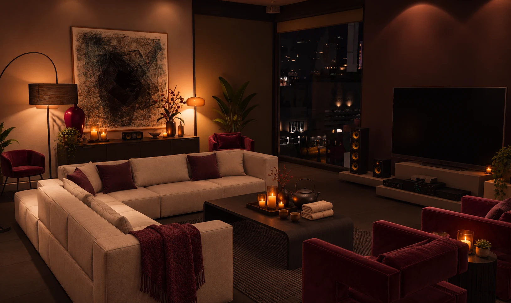 A private apartment lounge with soft seating, wine-colored accents and candlelight