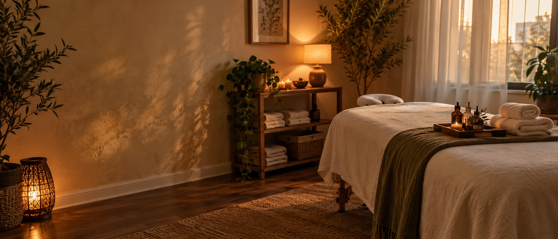 A candlelit massage room with soft linen, warm wood, and afternoon light